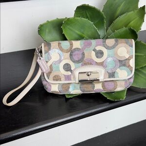 Coach Kristin Op Art sequin clutch wristlet mini bag, lavender purple grey white